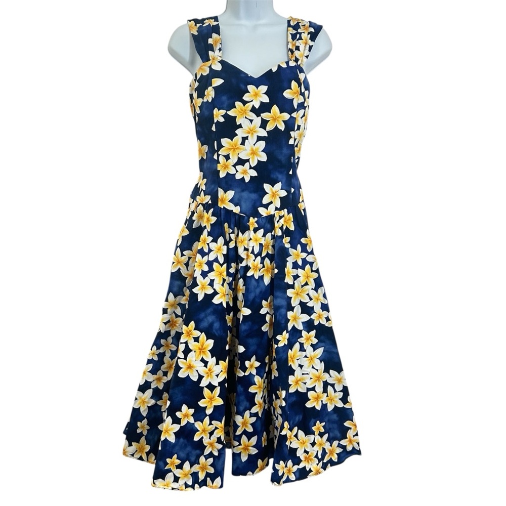 Royal Hawaiian Vintage Blue Plumeria Midi Dress Size M/L Party Resort